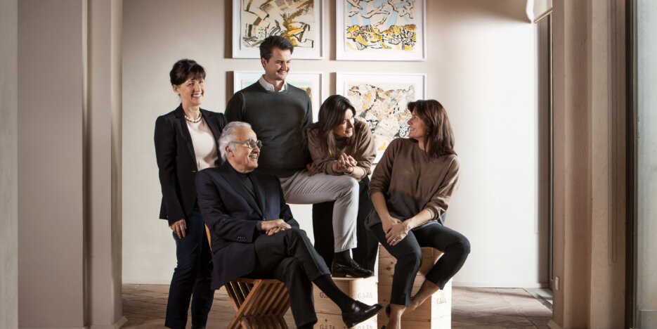 The Gaja family - Angelo in front, with from L-R Gaia, Giovanni, Lucia and Rossana